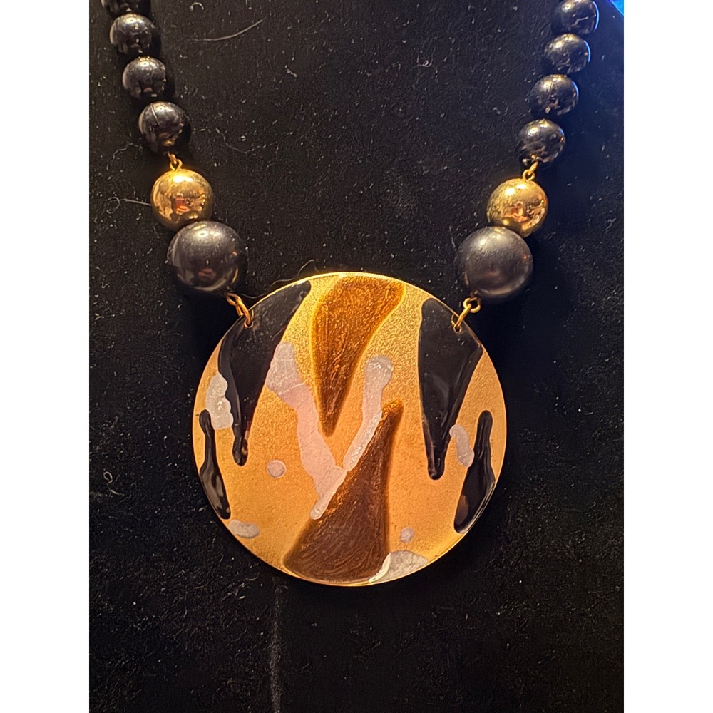 Vintage Style Abstract Gold Black Beaded Statement Necklace‎ Adjustable Pendant